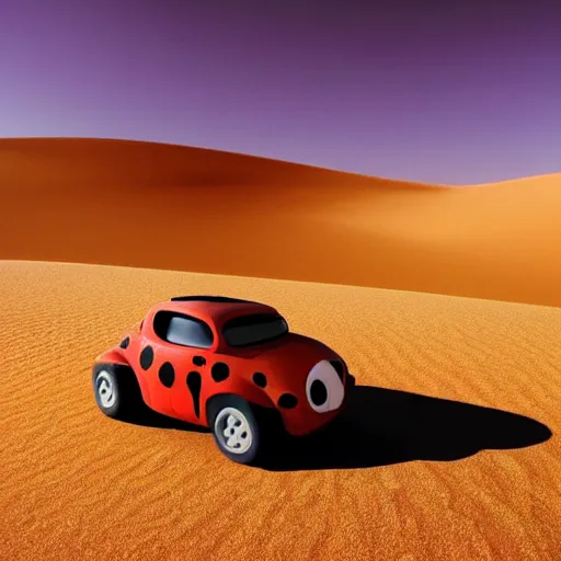 Prompt: a ladybug car driving through the sahara desert, bold natural colors, national geographic photography, masterpiece, full shot