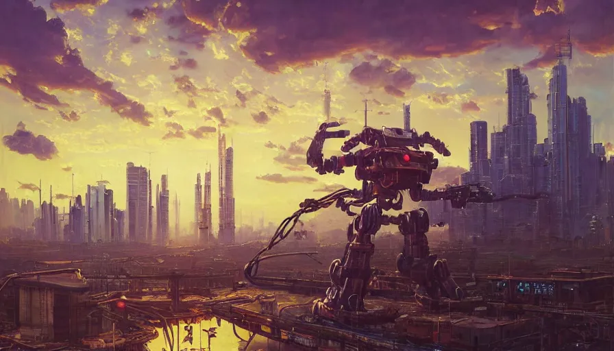 Prompt: an intricate oil painting of a giant anime cat mecha with cat ears and visor by simon stalenhag, tall skyscrapers in background and cloudy sky, golden hour