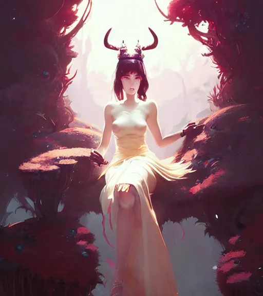 Prompt: portrait of a beautiful queen of the moss with two horns in complex and shiny dress made by leather, by ross tran and atey ghailan, by greg rutkowski, by greg tocchini, by james gilleard, by joe fenton, by kaethe butcher, dynamic lighting, grunge aesthetic