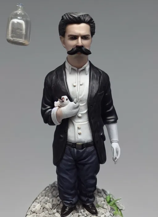 Prompt: 80mm resin detailed miniature of beautiful europenian man with moustache and no beard wearing white t-shirt and holding tabby cat, Product Introduction Photos, 4K, Full body