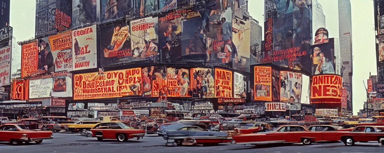 Image similar to advertisements of spaghetti in time square, 1 9 7 0's, fine detail, kodachrome