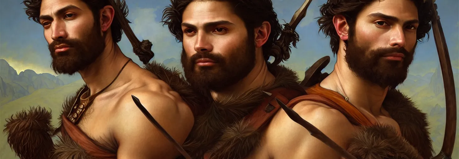 Image similar to renaissance upper body portrait of a gruff ranger with a spear, varied ethnicity, lean and toned, handsome face, hairy chest, D&D, intricate, elegant, highly detailed, digital painting, artstation, concept art, matte, sharp focus, illustration, art by da Vinci, Artgerm and Greg Rutkowski and Alphonse Mucha