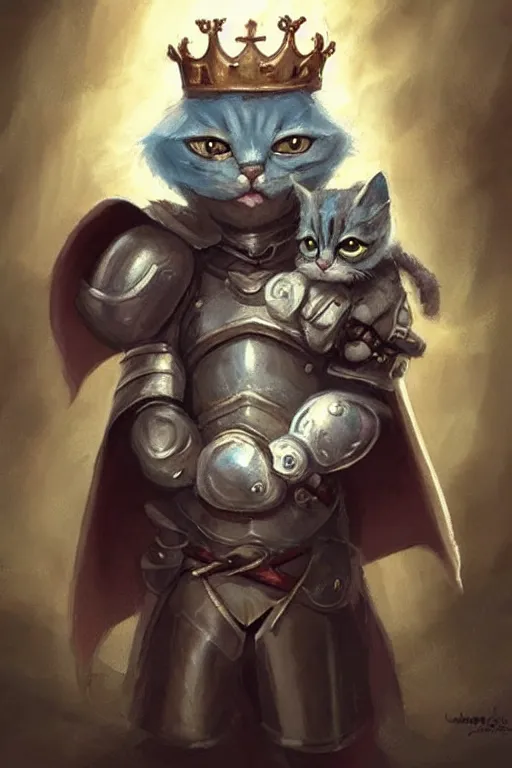 Image similar to cute little anthropomorphic cat knight wearing a cape and a crown, tiny, small, miniature cat , baby animal, short, pale blue armor, cute and adorable, pretty, beautiful, DnD character art portrait, matte fantasy painting, DeviantArt Artstation, by Jason Felix by Steve Argyle by Tyler Jacobson by Peter Mohrbacher, cinematic lighting