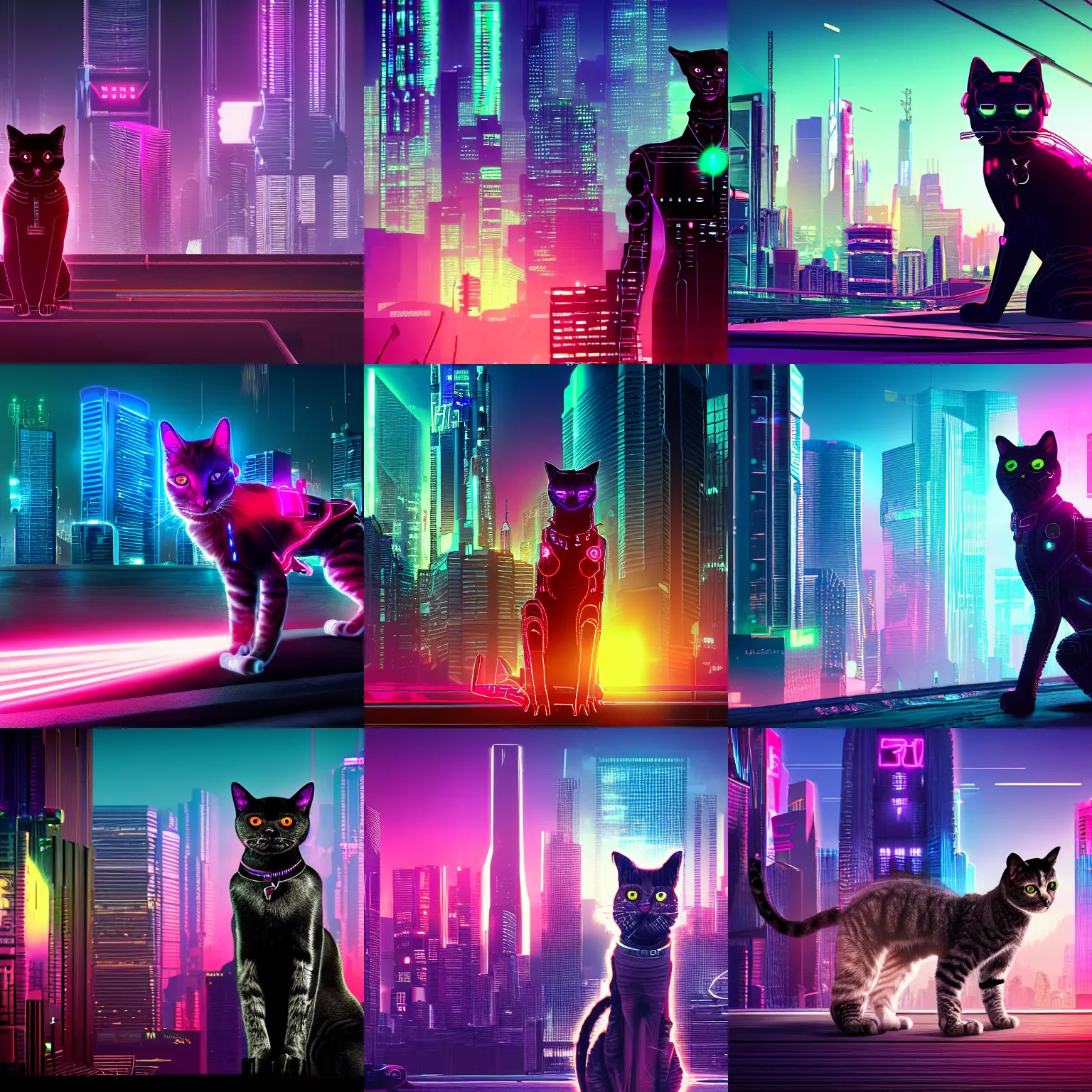 Prompt: Synthwave cyborg cat with cybernetic limbs and laser eyes in front of a cyberpunk cityscape. Cyberpunk, dark, 8k resolution .