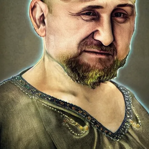 Image similar to ramzan kadyrov became bloody ugly puppet of putin, photo - realistic, color image, 2 k, highly detailed, bodyhorror, occult art