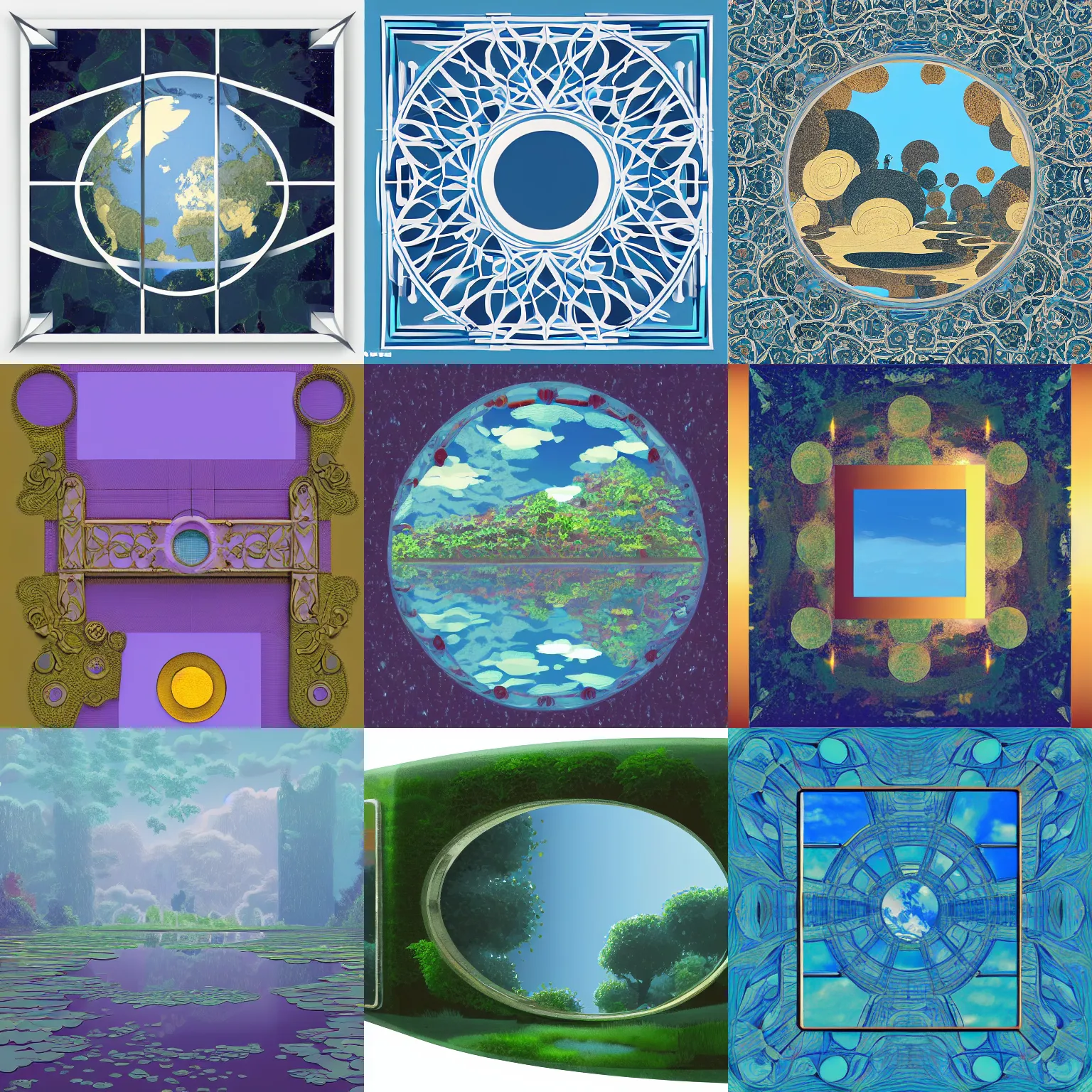 Prompt: mirror world::1 vector art::0.3 digital, flat Miyazaki, Monet, hd, 8k::0.3 D&D::0.4 rule of thirds, symmetrical