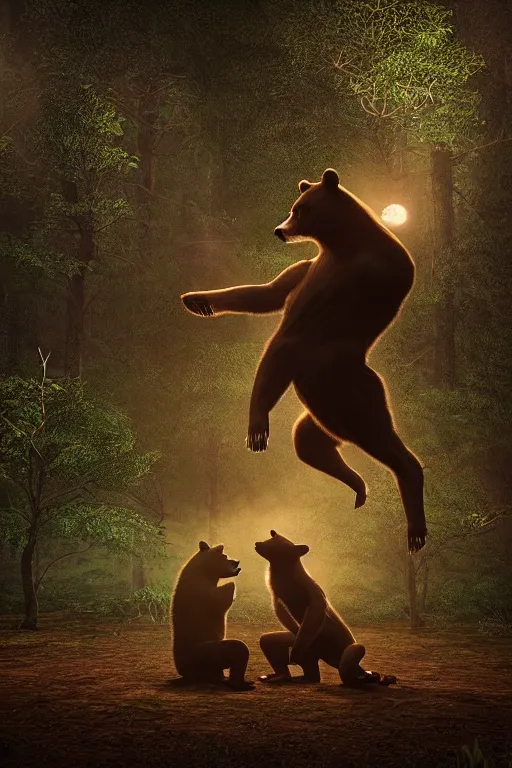 Prompt: a beautiful fullbody portrait of a bear and a wolf playing capoeira in a forest, at night. volumetric light, detailed, photorealistic, fantasy, rendered in octane