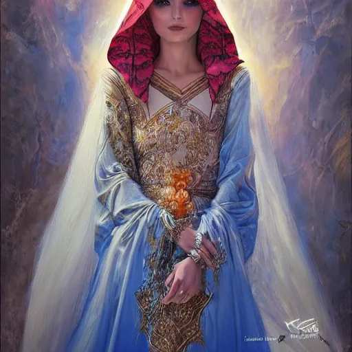 Image similar to a beautiful arabian woman wearing a wedding dress kaftan by karol bak, ayami kojima, artgerm, arabian beauty, blue eyes, smile, concept art, fantasy