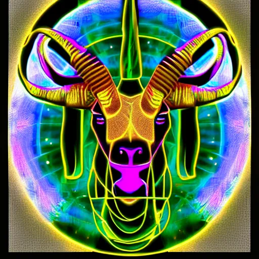 Prompt: baphomet goat head merged with mainframe circuitry, multicolored digital art