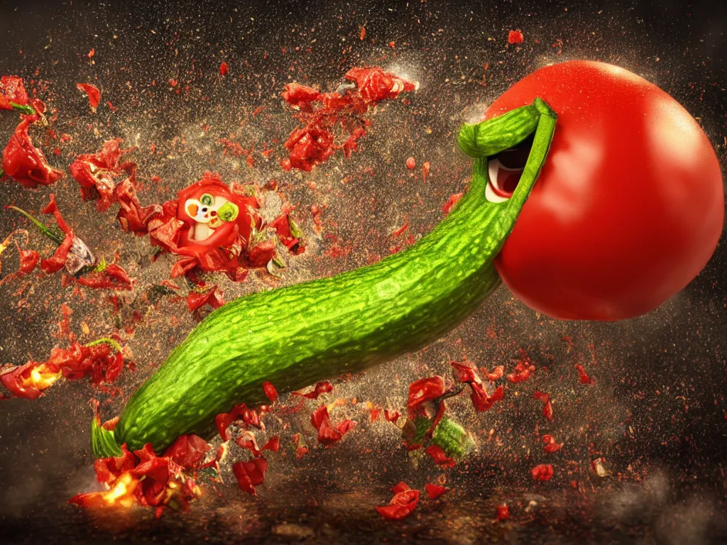 Image similar to highly detailed 3 d render of a raging mad angry zucchini character, burning scissors flying, dirt road, scared tomates scattered everywhere, high speed action, explosions, dramatic scene, hyper realistic octane render, cinematic lighting, tomato splatter, deviantart, black sky, lowbrow, surrealism, pixar still, mayhem