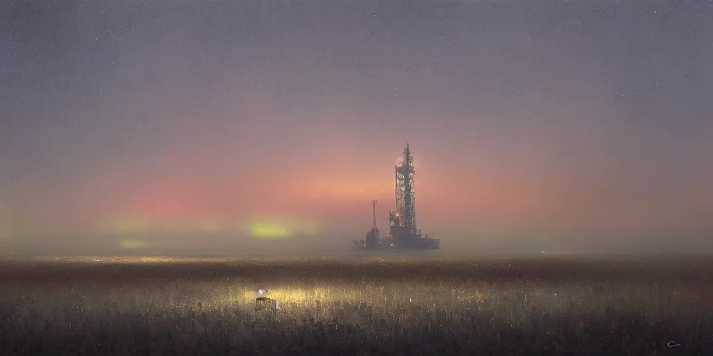Image similar to the fog was hazy. the night of the northern lights. a huge oil platform on the prairie ， by craig mullins