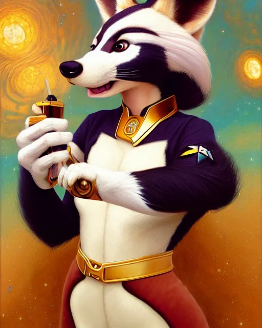 Image similar to painting of anthromorphic female skunk wearing starfleet uniforms, zootopia, fursona, furaffinity, 4 k, deviantart, furry art, wolf fursona, very expressive detailed feminine face, gaston bussiere, craig mullins, jc leyendecker, gustav klimt, artgerm, greg rutkowski, alphonse mucha