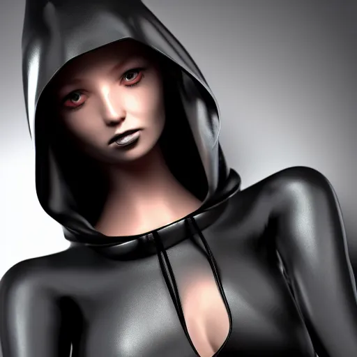 Image similar to a person in a shiny black outfit with a hood on, a character portrait by josetsu, cg society contest winner, purism, toonami, daz 3 d, made of liquid metal