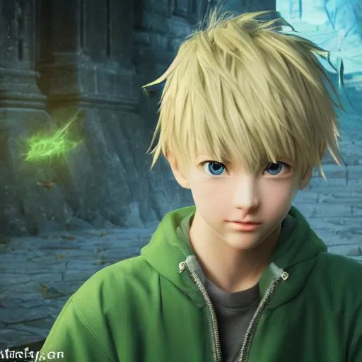 Image similar to a blonde haired green eyes boy casting a spell. character design. intricate. gesture drawing. line of action. official art, unreal engine 5, unreal engine. tetsuya nomura. medium shot. ray tracing hdr. 8 k. uhd. sharp focus. highly detailed. masterpiece. anime render. cinematic lighting. lifelike. symmetrical face. beautiful face