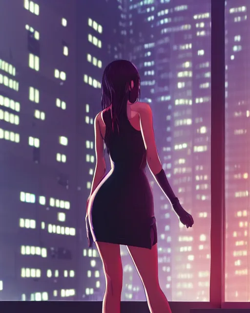 Image similar to back of young woman wearing a stylish black minidress looking through a penthouse window at a panoramic view of a cyberpunk city at night, bokeh lights, anime, ilya kuvshinov, guweiz, artstation trending, concept art, digital painting, cinematic, extreme detail, expansive