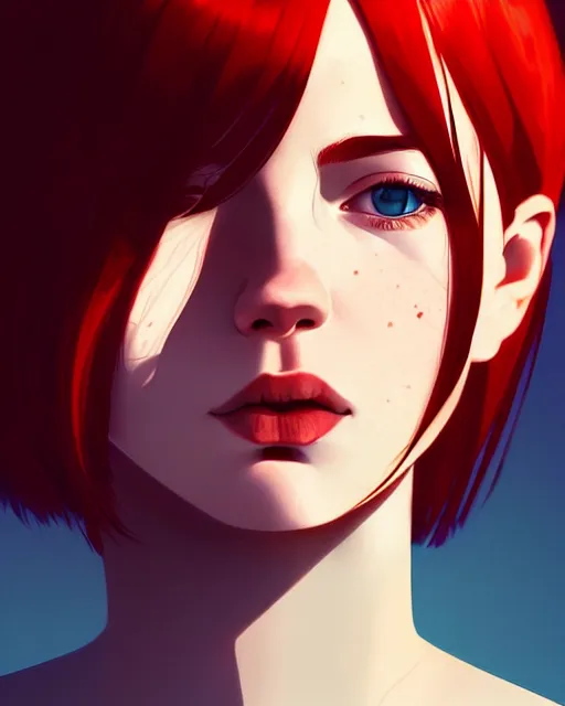 Prompt: a detailed portrait of a woman with red hair and freckles by ilya kuvshinov, digital art, dramatic lighting, dramatic angle