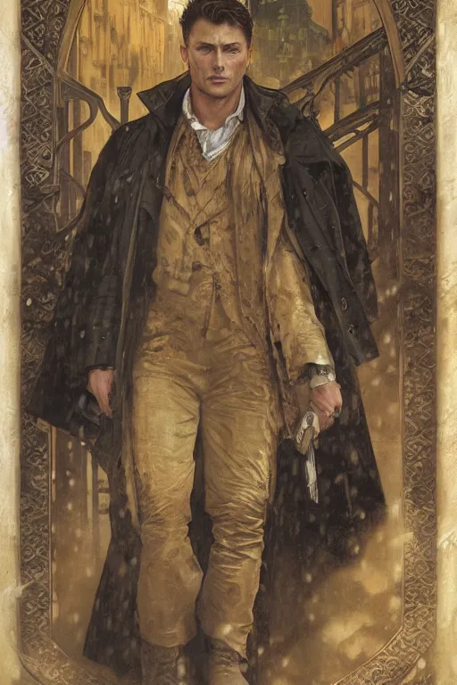 Image similar to a detailed matte portrait of dean winchester in a supernatural sherlock holmes story, 1 8 th century london in the rain, city streets, ominous, masterpiece, 8 k, art by alphonse mucha and greg rutkowski