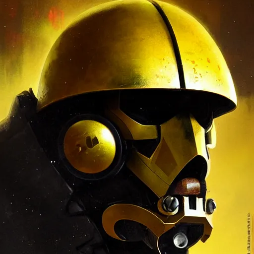 Prompt: portrait of a mutant chronicles bauhaus doomtrooper, on his helmet is a yellow smiley sticker by greg rutkowski