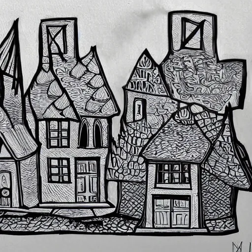 Prompt: linoart of a fantasy village