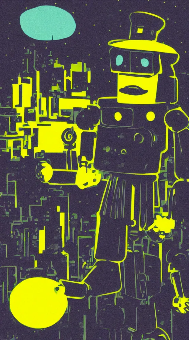 Image similar to tiny capitalist robot in the dark wearing a top hat, hrd, hyperrealistic, hyper detailed, tiny, lights, yellow, purple, blue, top hat, moustache, dusk, industrial background, factories, sky