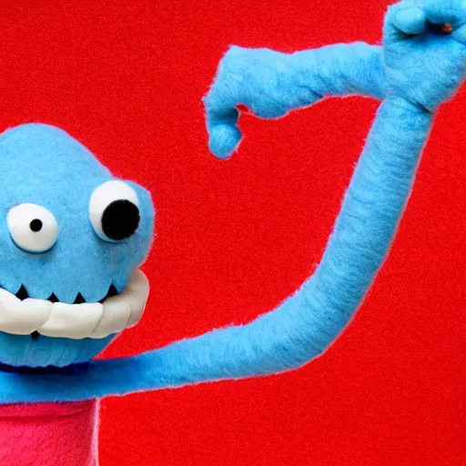 Prompt: mr meeseeks as a muppet. highly detailed blue felt. hyper real photo. 4 k.