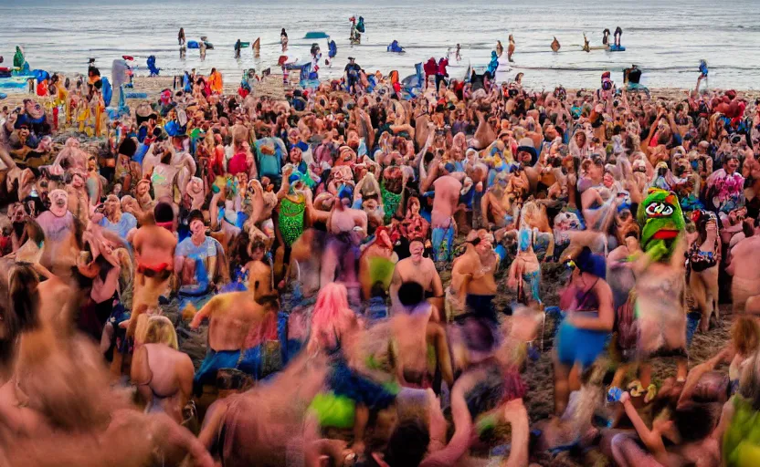 Image similar to long exposure photography of a crowd of muppets having a crazy party at the beach,