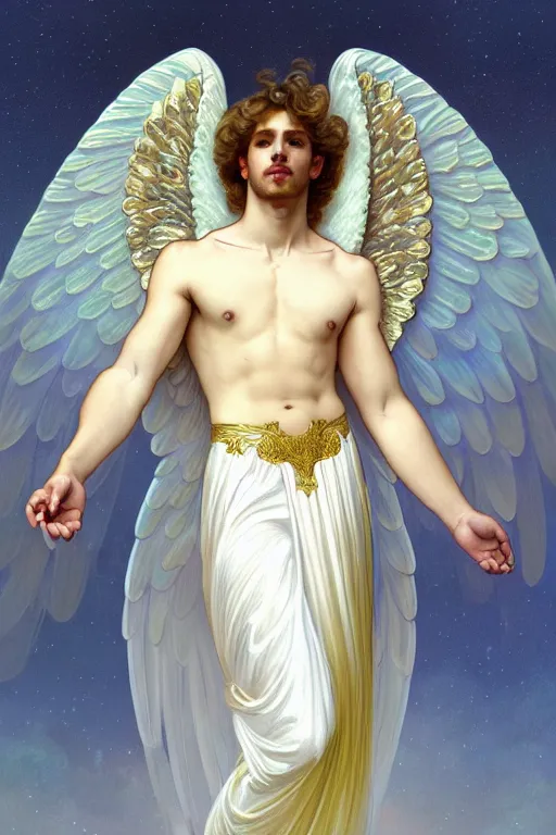 Prompt: fullbody portrait of a beautiful young fit male angel with curly blond hairs, soft smile, closed eyes, blessing palms, dressed in long fluent skirt, majestic symmetrical soft eagle wings, luminous halo, by greg rutkowski and alphonse mucha, gradient white to gold, in front of an iridescent background, highly detailed portrait, digital painting, smooth, focus illustration