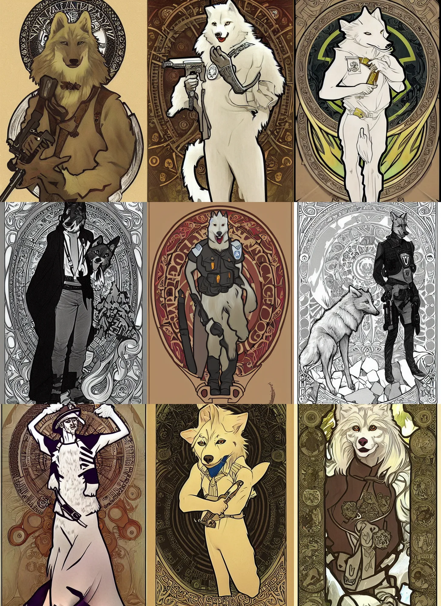 Prompt: anthropomorphic albino wolf police officer. renowned character illustration by alphonse mucha. trending on furaffinity.