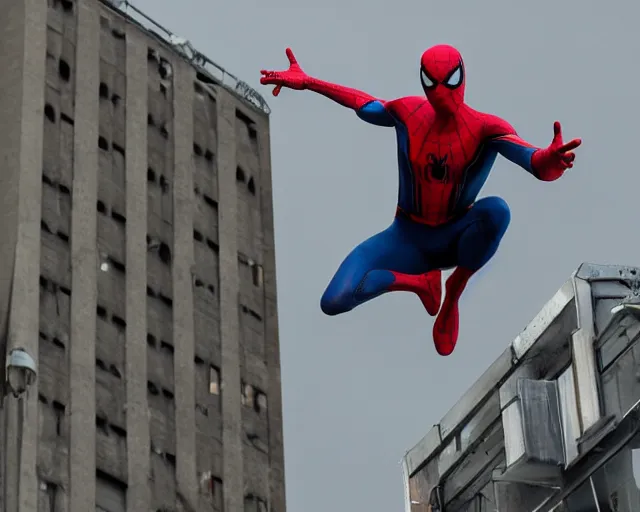 Image similar to photograph of spider - man on a building movie set