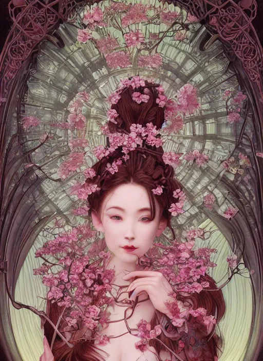 Image similar to a photographic portrait of a anthropomorphic cherry - blossom goddess spirit, fantasy, tarot esoteric, intricate, elegant, highly detailed, digital painting, artstation, concept art, smooth, sharp focus, illustration, art by artgerm and h r giger and alphonse mucha