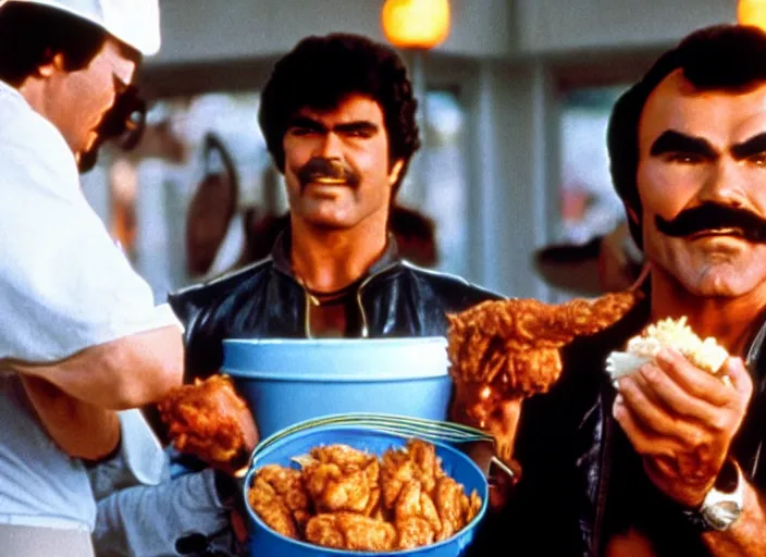 Image similar to film still of burt reynolds holding a bucket of fried chicken in cannonball run 1 9 8 2