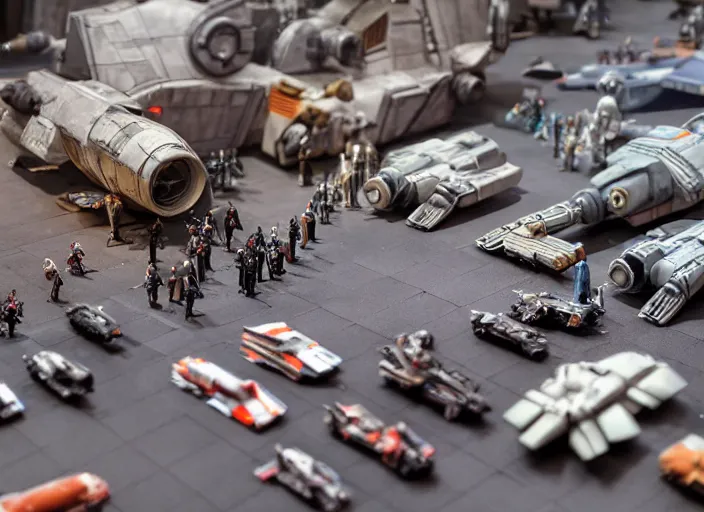 Image similar to a photo of a epic grand scale diorama of star wars figures and vehicles canon, macro photography, tilt - shift photography