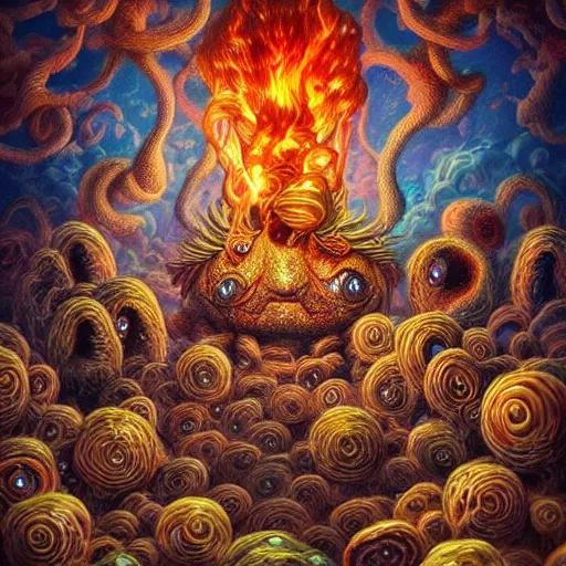 Image similar to ❤🔥🍄🌪, trending on art station, in the sky, highly detailed surrealist art, elaborate detail fluffy monsters