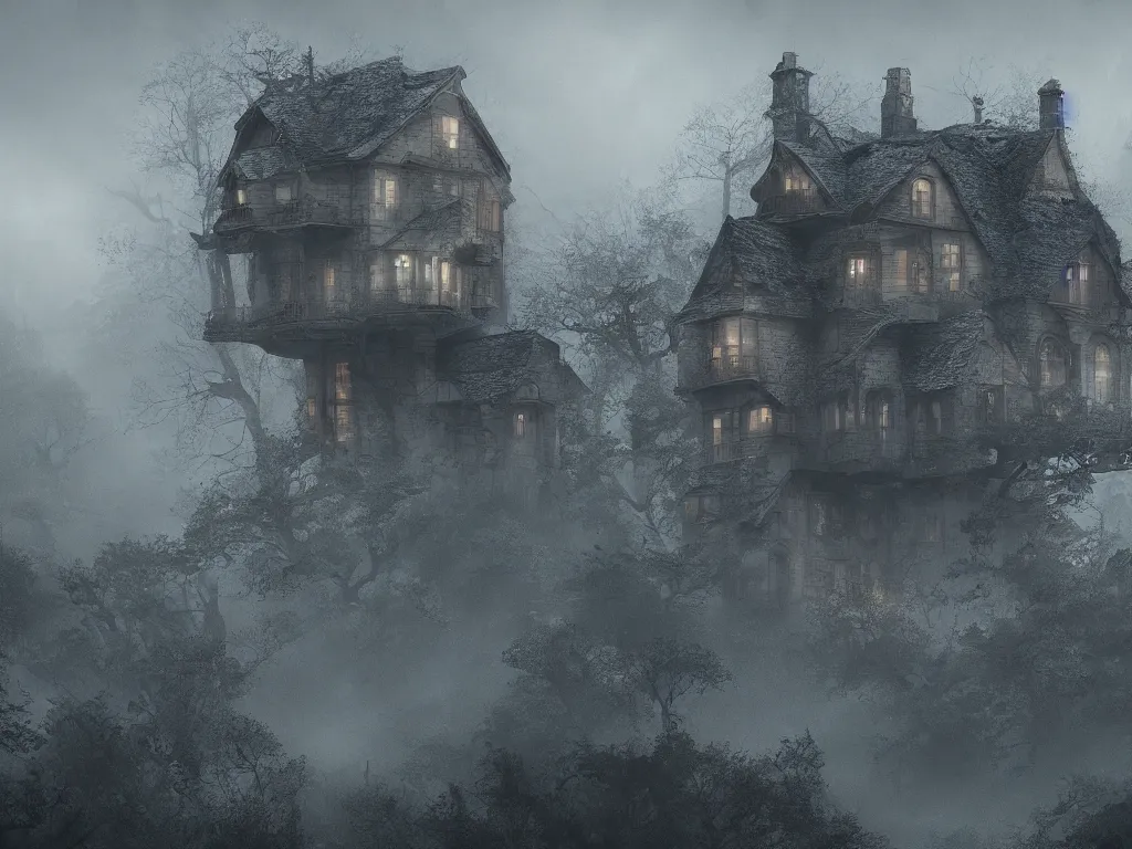 Prompt: house on the hounted hill, horror, creepy, surreal, dreamscape, high quality, ultradetailed, sharp, artstation, 4 k, volumetric fog