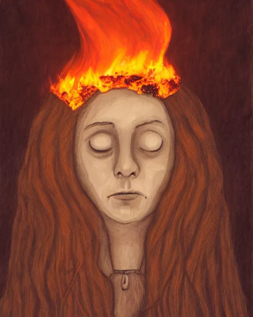 Image similar to a portrait of a sad witch in a burning forest