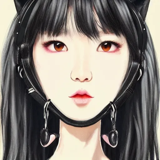 Image similar to realistic beautiful gorgeous natural cute Blackpink Lalisa Manoban black hair cute fur black cat ears, wearing white camisole, headphones, black leather choker artwork drawn full HD 4K highest quality in artstyle by professional artists WLOP, Taejune Kim, Guweiz on Pixiv Artstation