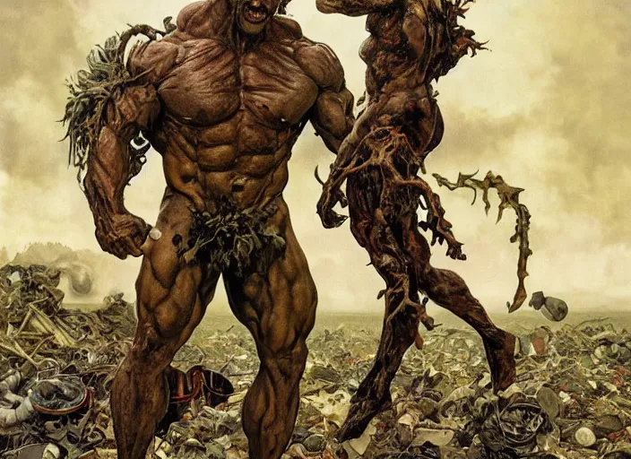 Image similar to renaissance grotesque full body portrait painting of angry bodybuilder swamp thing walking to the camera, camera puller back far, in a plane crash wasteland, landfill, elegant artwork by lee bermejo and greg rutkowski and alphonse mucha