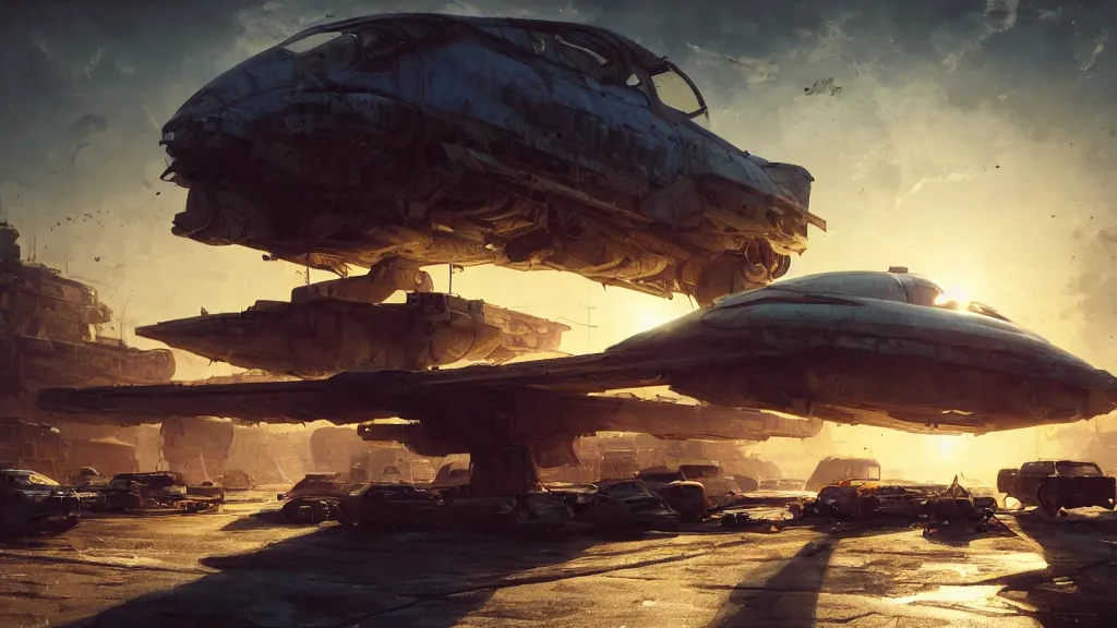 Prompt: a Photorealistic hyperrealistic render of a gigantic spaceship landing at a Junkyard by Greg Rutkowski,Vitaly Bugarov,Nicolas Bouvier SPARTH,James Paick,WLOP, Juan Gimenez,PIXAR,dramatic moody sunset lighting,long shadows,Volumetric, cinematic atmosphere, Octane Render,Artstation,8k