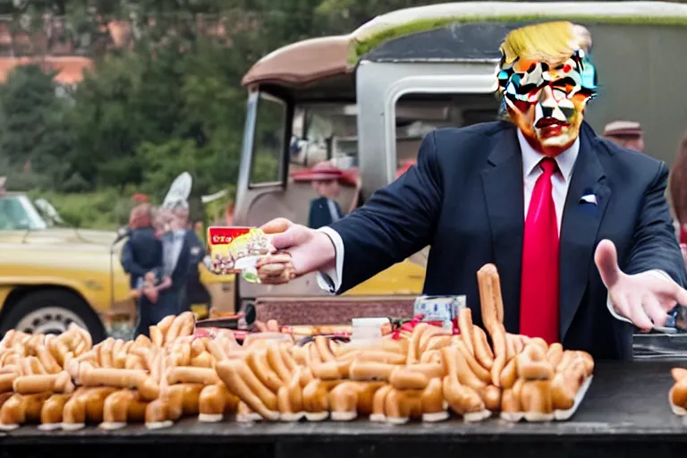 Prompt: a Film still of Donald trump selling hotdogs in the new joker movie, 4k