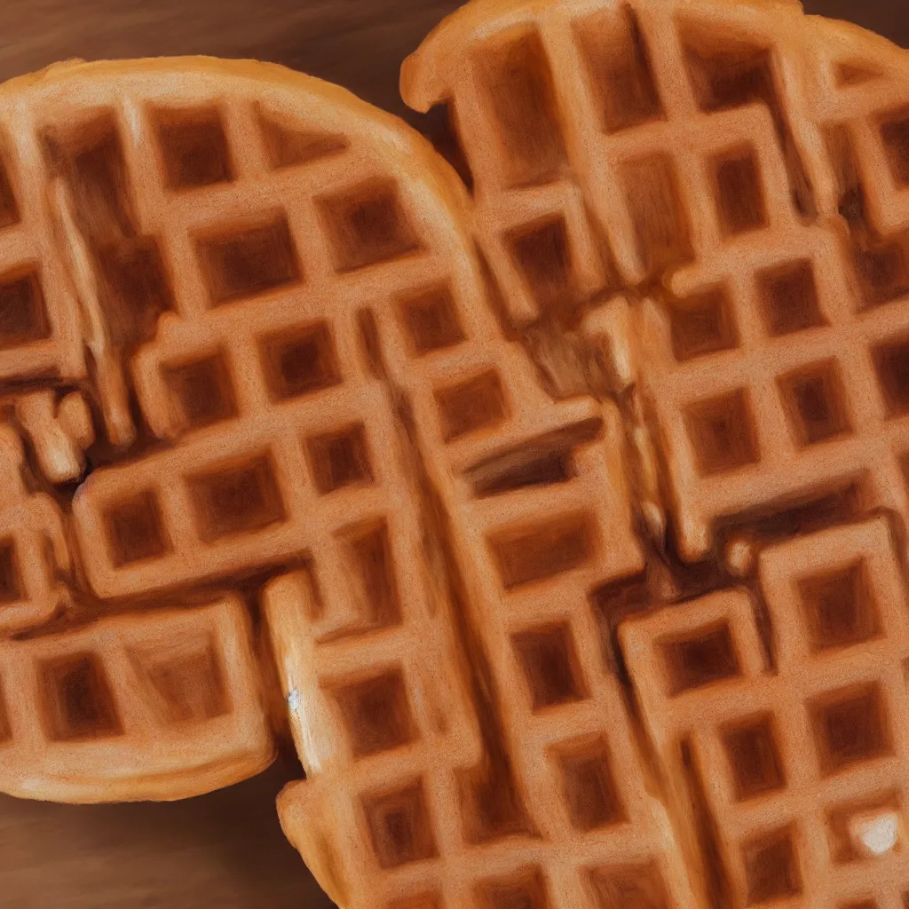 Image similar to close - up view of waffles on top of a wooden table, 8 k, high detail, photorealistic, proper shading