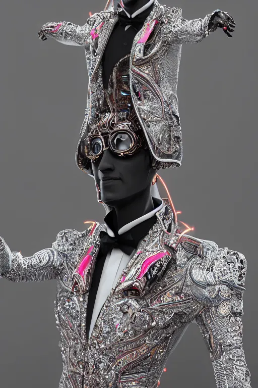 Image similar to futuristic tuxedo made of nanomachines, fashion outfit design, intricate, ornate, luxury, hyper detailed, insanely detailed, corona render, octane render, colorful redshift render, 8 k