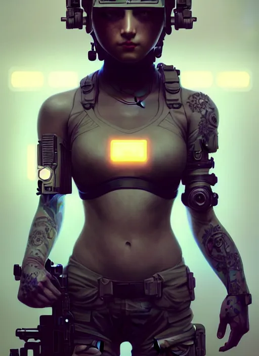 Image similar to girl covered with tattoos wearing tactical gear, intricate lights, bio luminescent, plasma, by ruan jia and artgerm and range murata and wlop and ross tran and william - adolphe bouguereau and beeple. key art. fantasy illustration. award winning, artstation, intricate details, realistic, hyperdetailed, 8 k resolution.