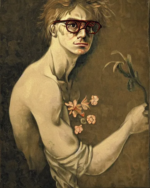 Prompt: a beautiful and eerie baroque painting of a beautiful but serious young man, with haunted eyes and glasses, 1 9 7 0 s, seventies, floral wallpaper, wilted flowers, morning light showing injuries, delicate ex embellishments, painterly, offset printing technique