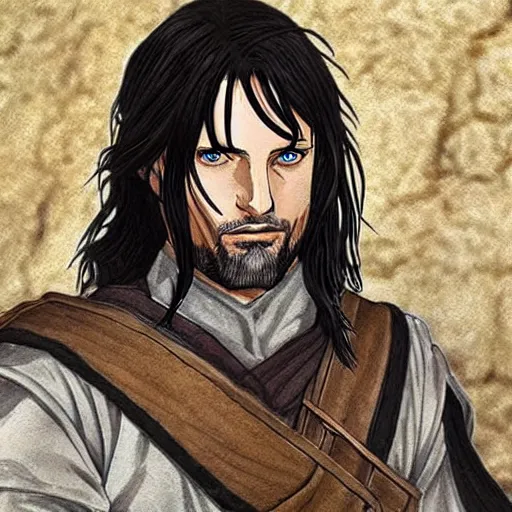 Prompt: aragorn in an anime world, incredibly detailed, ultra realistic