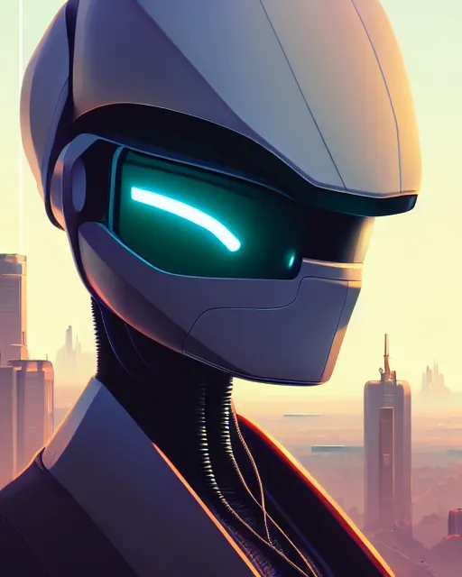 Prompt: hyper - realistic portrait of a sleek and futuristic robot, gta v cover art, celshading, sharp focus, intricate, detailed, rhads, andreas rocha, makoto shinkai, lois van baarle, ilya kuvshinov, greg rutkowski, dynamic lighting, grunge aesthetic, 4 k