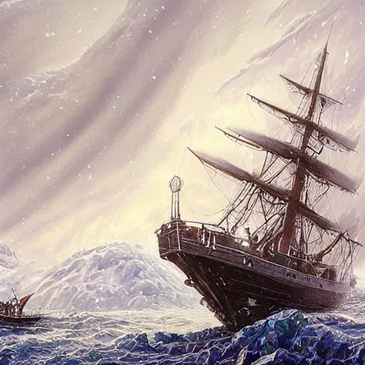 Prompt: a victorian era exploration frigate lost in the arctic, attacked by a lovecraftian monster, in a snowstorm art by artgerm and Todd Shorr, featured on artstation