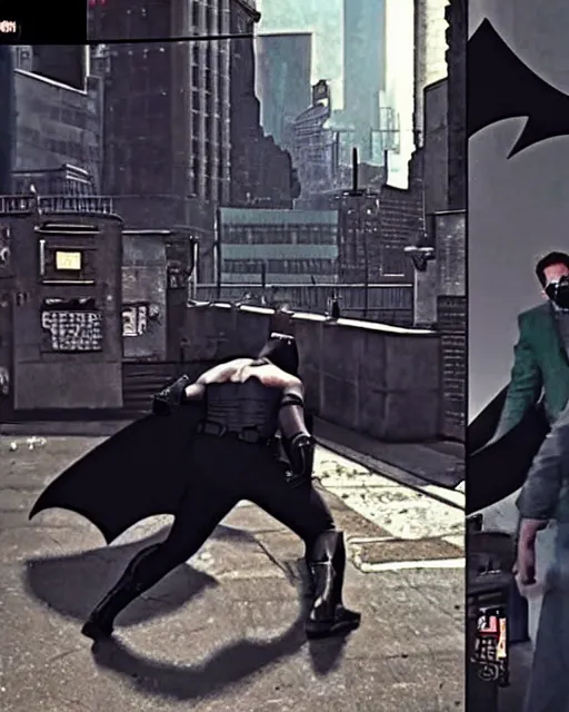 Image similar to Batman caught beating up a random guy in Gotham, security cam footage, realistic, real life, 720p, shot from far away, low quality footage, leaked footage, viral on instagram, viral on twitter, snapchat photo