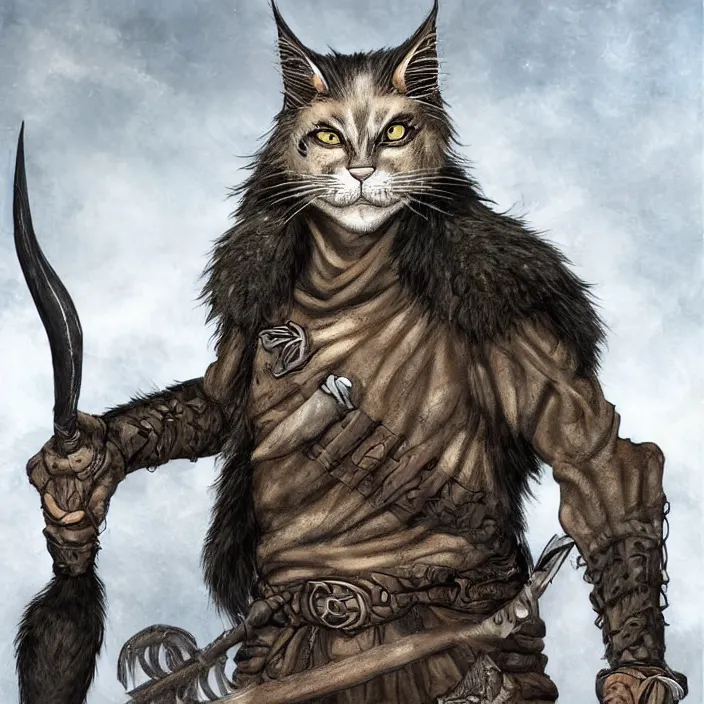 Prompt: khajit tabaxi catfolk humanoid with maine coon features with an eye patch on the left eye and black fur holding two shortswords cloaked in shadow and wearing hooded leather armor toned muscle, dungeons and dragons, pure white background, fantasy, tarot card style, half body portrait, high detail, hyper realistic
