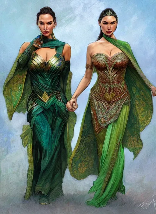 Image similar to lindsey pelas and gal gadot wearing a green kebaya, javanese art, digital painting, artstation, concept art, sharp focus, illustration, art by artgerm and greg rutkowski and alphonse mucha