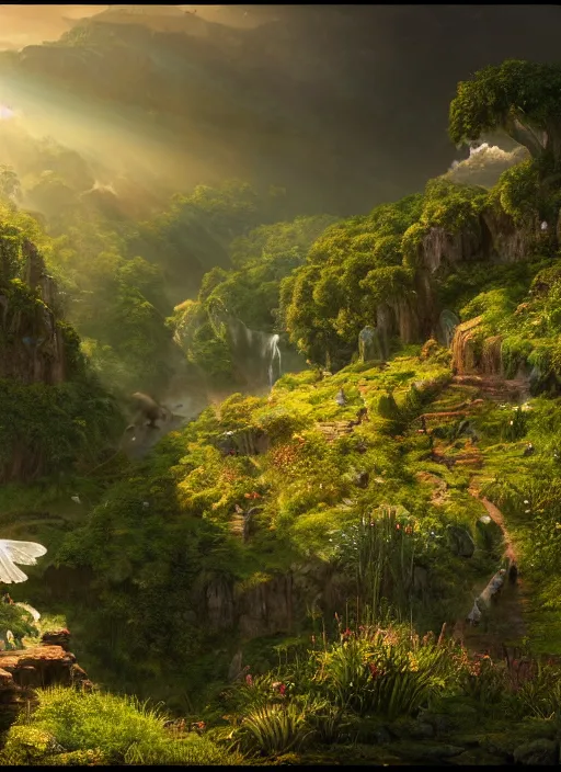 Prompt: a flying fairy in the distance of a lord of the rings scenery landscape, a vast lush valley flowers and wood structures, stream, sunrise, god's rays highly detailed, vivid color, cinematic lighting, cosmic, perfect composition, 8 k, gustave dore, derek zabrocki, greg rutkowski, belsinski, octane render